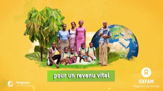 Affiche de la campagne 2018 d’Oxfam-Magasins du monde « Mettons un terme au chocolonialisme », soulignant notamment le lien entre un revenu vital et la déforestation.