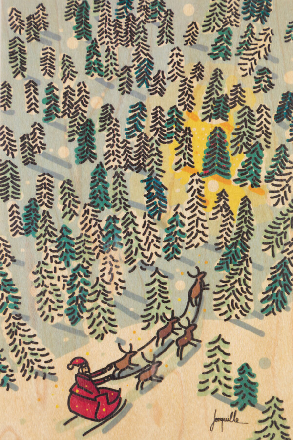 Carte de vœux en bois "Traineau forêt Noël"