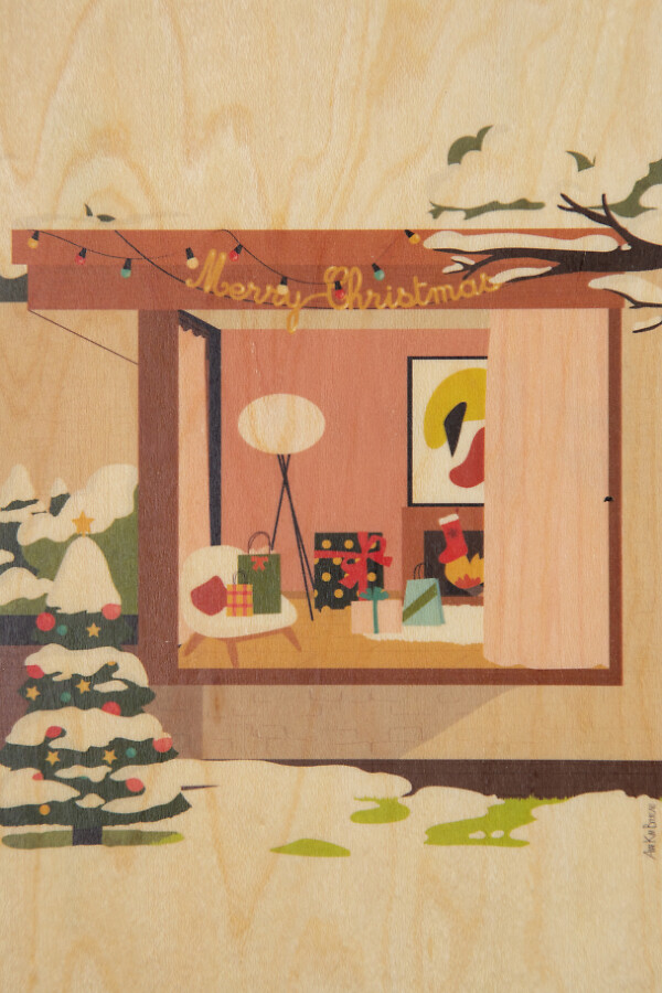 Carte de vœux en bois "Noël par la fenêtre"