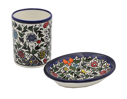 porte-savon et pot motif floral palestine