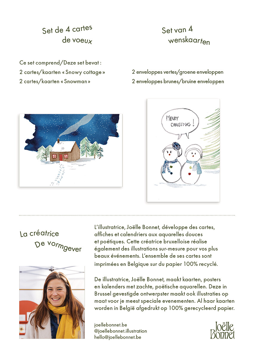 Set 4 cartes de voeux Snowy cottage-Snowman FR/NL