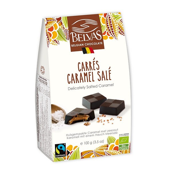 Bio carré-chocolaatjes zoute caramel 100g